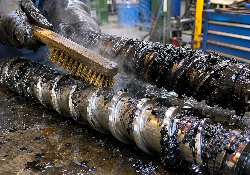 Operator cleaning a hot twin-screw element with a brass brush after a screw pull