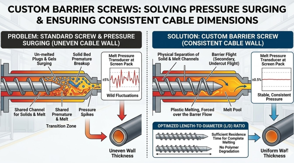 Comparison showing how a custom extruder screw with barrier technology prevents melt pressure surging and uneven cable insulation.