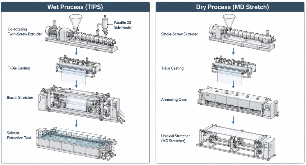 Process flow comparison: wet process TIPS versus dry process MD stretch for lithium battery separator manufacturing