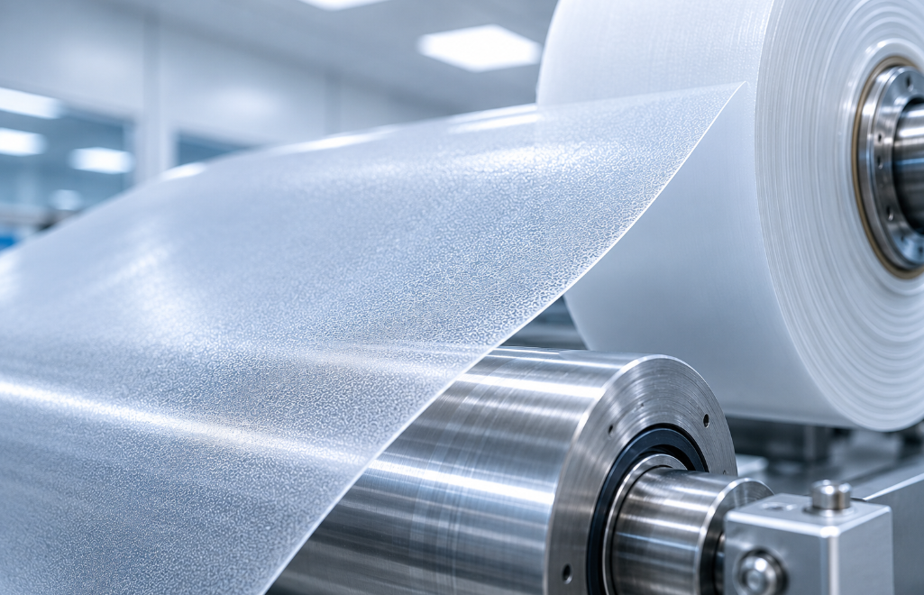 Microporous polyethylene battery separator film unrolling on a precision winder in a cleanroom environment