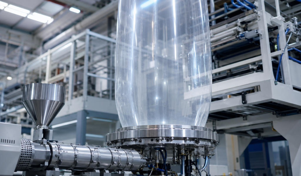 Industrial blown film extrusion line with vertical translucent polyethylene bubble rising from an annular die
