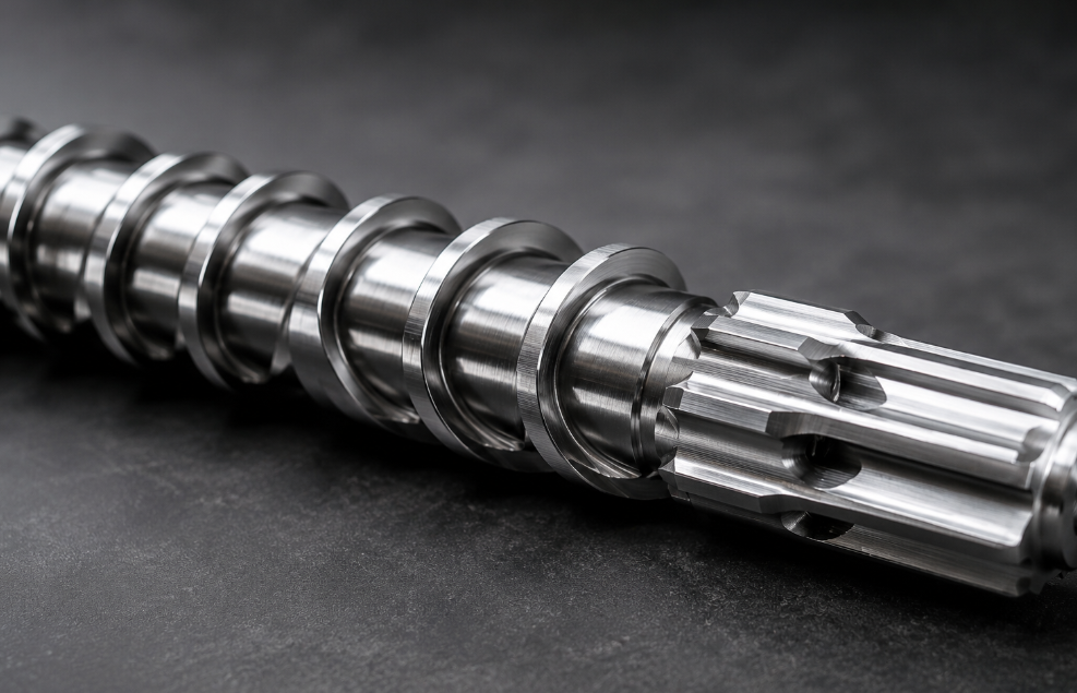 Macro photograph of an extruder barrier screw with dual-channel compression zone and downstream Maddock mixing section