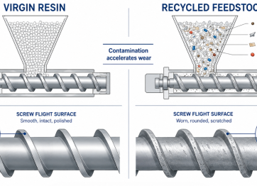 Cover comparing a smooth virgin-resin extruder screw with a worn recycled-feedstock screw, showing how contamination causes accelerated wear in recycled plastic processing.