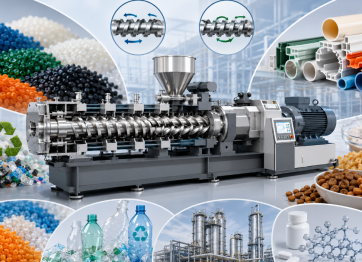 Twin screw extruder used in plastics compounding, recycling, food extrusion, and pharmaceutical processing.