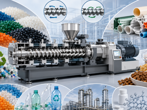 Twin screw extruder used in plastics compounding, recycling, food extrusion, and pharmaceutical processing.