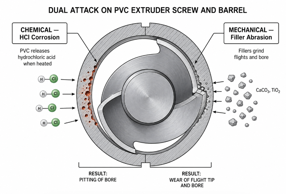 Diagram showing the two attacks on a PVC extruder screw and barrel: 
HCl corrosion pitting the steel and abrasive fillers (CaCO3, TiO2) 
grinding the flights.