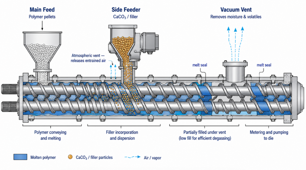 Compounding twin-screw side feeding and venting system: a side 
feeder adds filler into molten polymer with an atmospheric vent for 
entrained air, and a downstream vacuum vent removes moisture and 
volatiles.