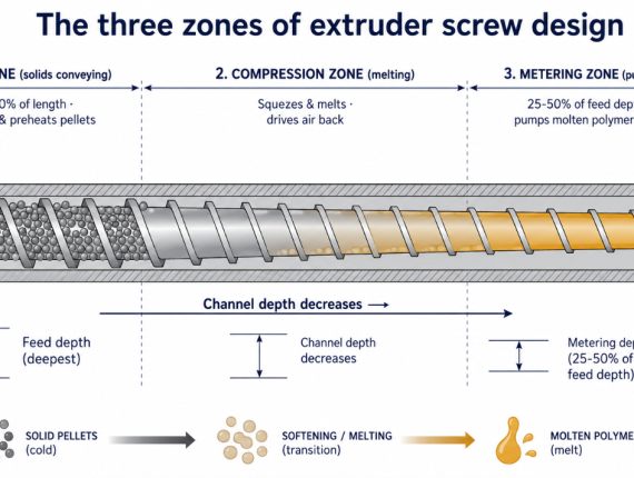 The three zones of extruder screw design: feed, compression, and metering, with channel depth decreasing along the screw