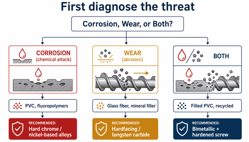 Decision flow for extruder screw coating selection: diagnose whether 
the threat is corrosion (chrome/nickel alloys), wear (hardfacing/carbide), 
or both (bimetallic plus hardened screw).