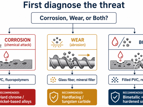Decision flow for extruder screw coating selection: diagnose whether the threat is corrosion (chrome/nickel alloys), wear (hardfacing/carbide), or both (bimetallic plus hardened screw).