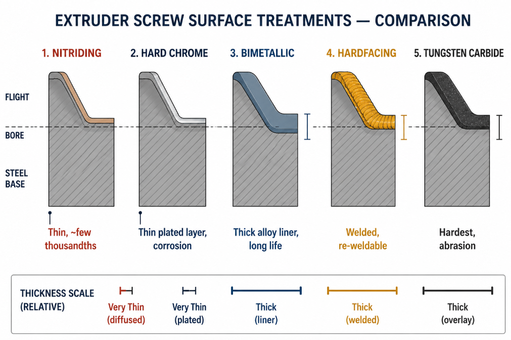 Cross-section comparison of five extruder screw surface treatments 
nitriding, hard chrome, bimetallic, hardfacing, and tungsten carbide — 
showing their relative layer thickness and purpose.