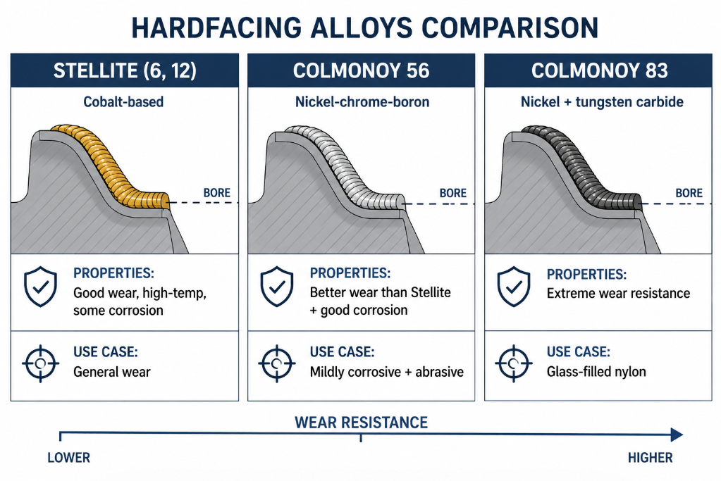 Comparison of hardfacing alloys for extruder screws: cobalt-based 
Stellite, nickel-based Colmonoy 56, and tungsten-carbide-loaded 
Colmonoy 83, by wear resistance and application.