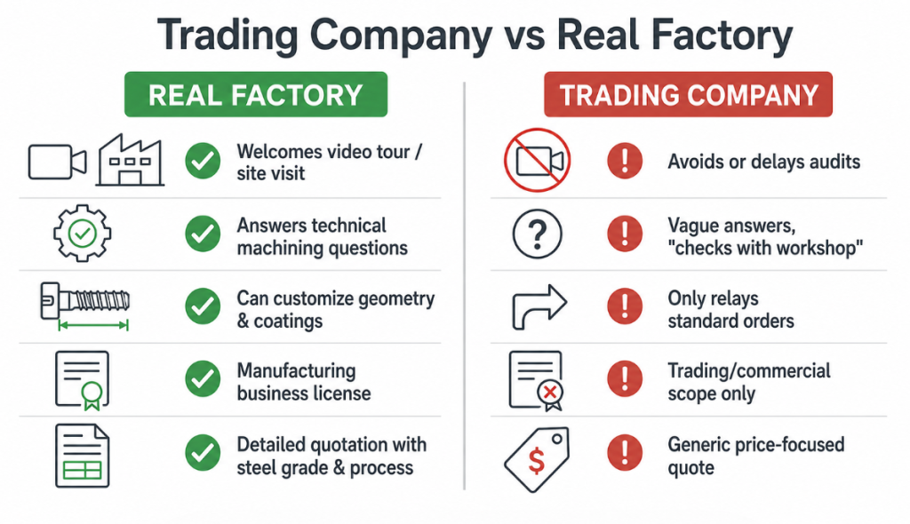 Comparison of a real extruder screw factory versus a trading company: 
how they differ on factory audits, technical answers, customization, 
business license, and quotations.
