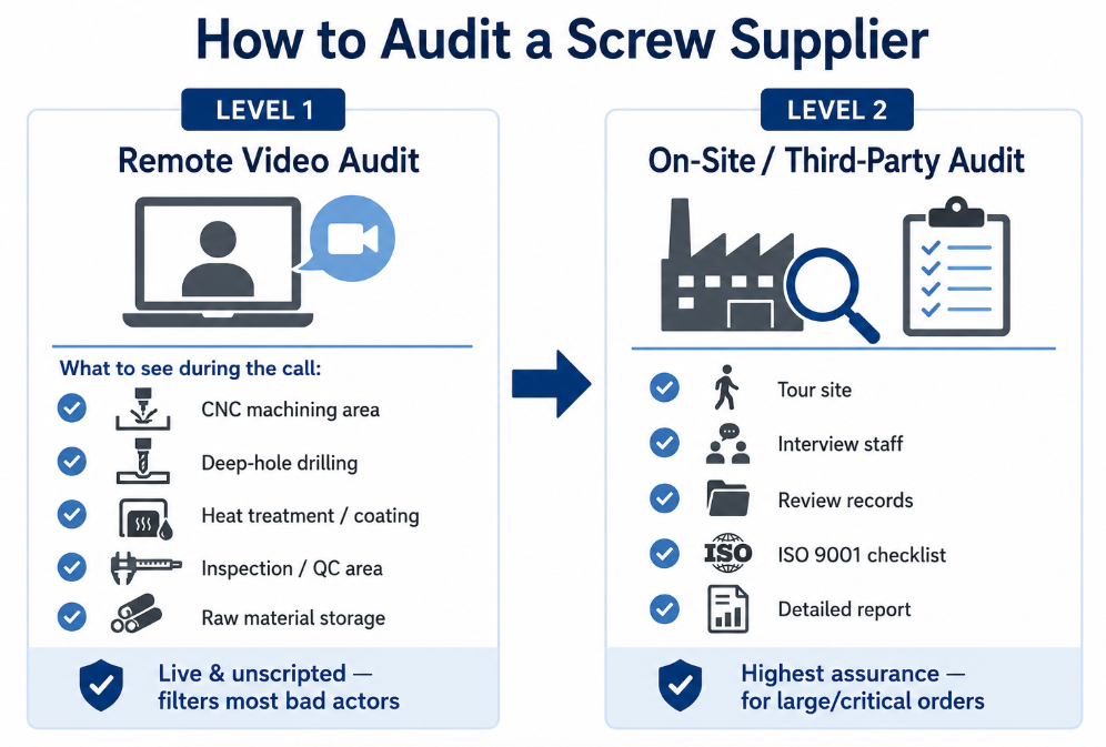 Two levels of auditing an extruder screw supplier: a remote live 
video audit of the workshop, and an on-site or third-party audit 
with a full report for critical orders.
