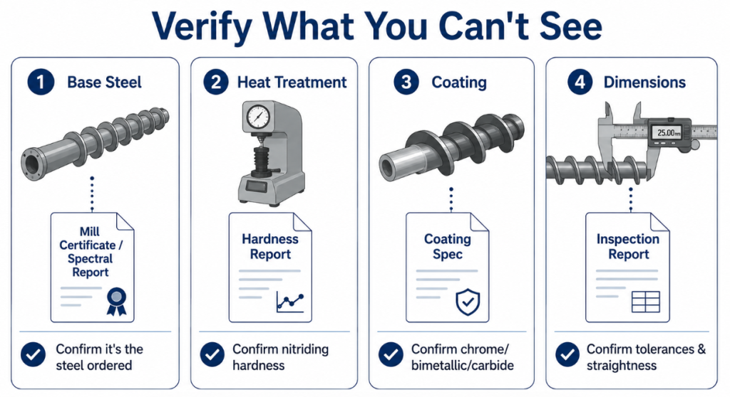 How to verify invisible extruder screw quality: mill certificates for 
steel, hardness reports for heat treatment, coating specs, and 
inspection reports for dimensions.