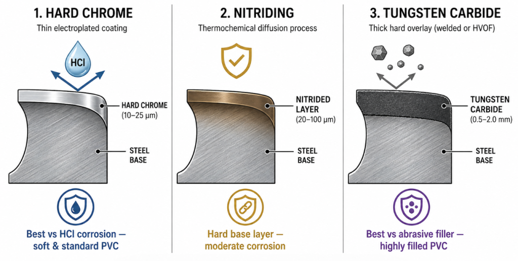 Comparison of three PVC extruder screw coatings: hard chrome (best 
against HCl corrosion), nitriding (hard base layer), and tungsten 
carbide (best against abrasive filler wear).