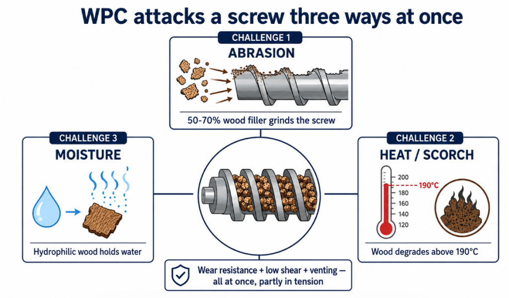 The three challenges WPC poses to an extruder screw at once: abrasion
from 50-70% wood filler, scorching above 190°C, and moisture from
hydrophilic wood fiber.