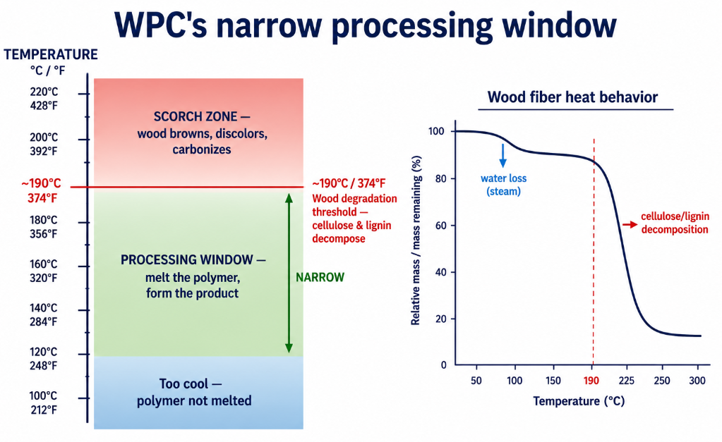 WPC's narrow processing window: hot enough to melt the polymer but
below the ~190°C threshold where wood cellulose and lignin degrade
and the product scorches.