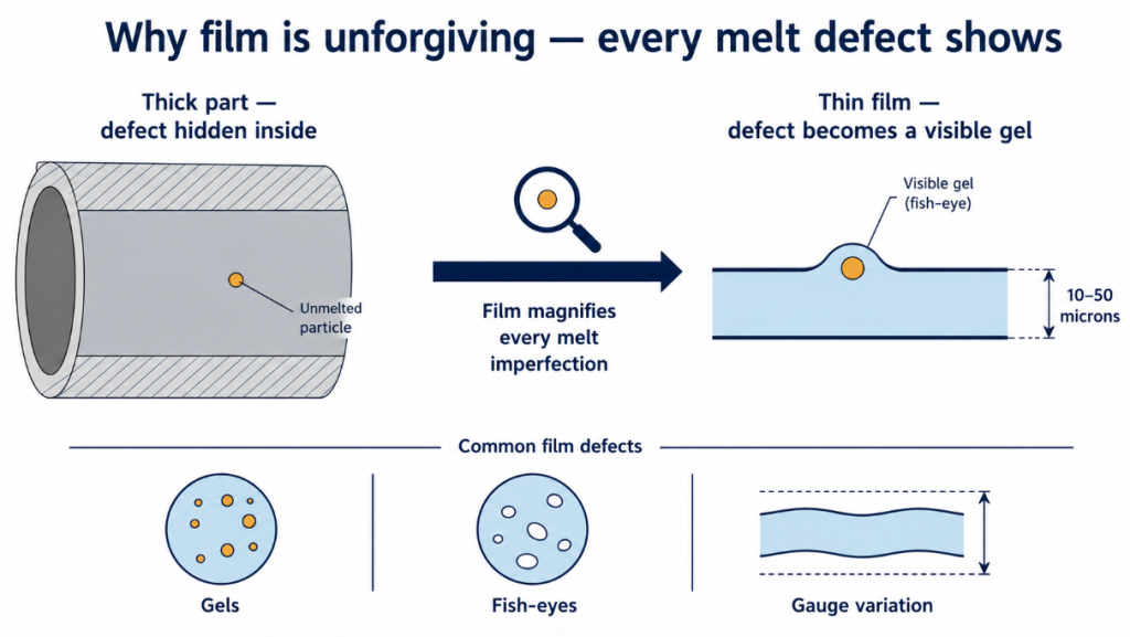 Why blown film demands a uniform melt: a defect hidden inside a thick
part becomes a visible gel or fish-eye in thin 10-50 micron film.