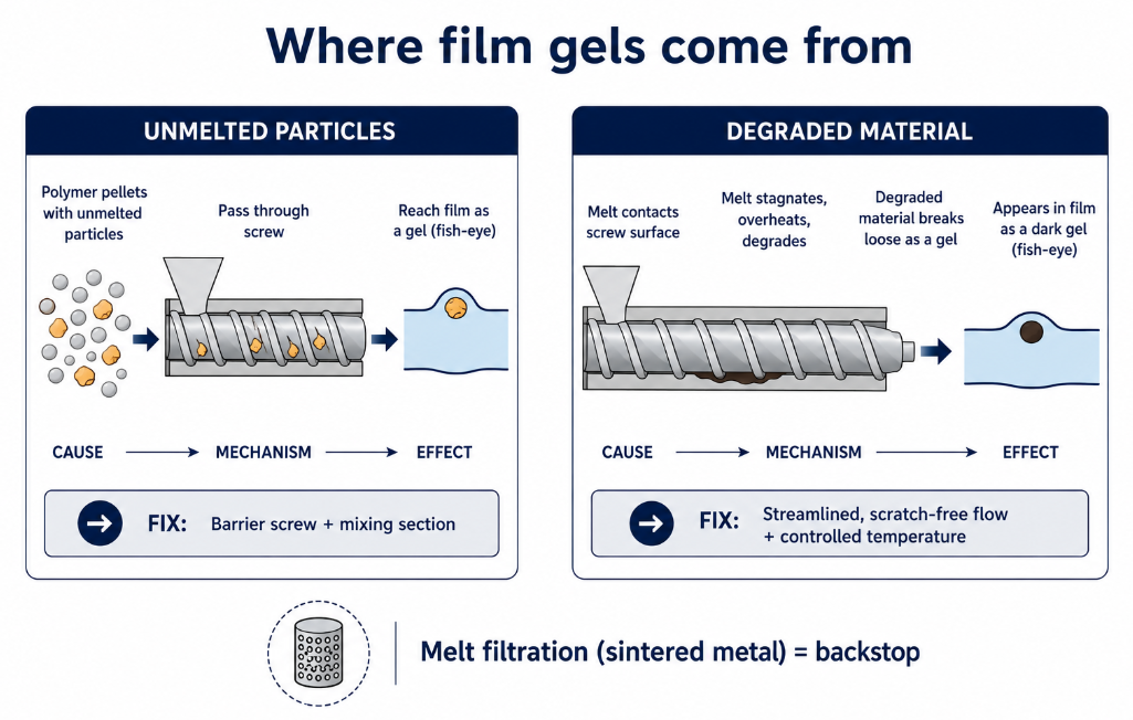 The two causes of gels and fish-eyes in blown film: unmelted
particles from incomplete melting, and degraded material from melt
stagnating in a scratched screw — and the screw-side fixes for each.