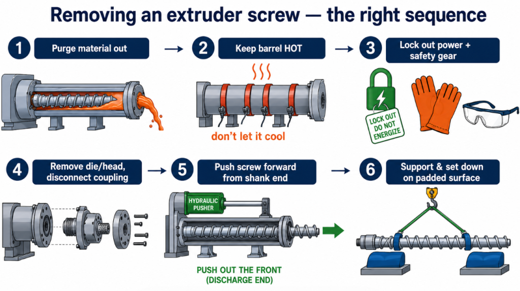 Six steps to remove an extruder screw from the barrel: purge material, 
keep the barrel hot, lock out power, disconnect the front end, push 
the screw out from the shank end, and support it on removal.