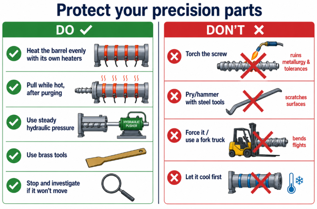 Do and don't for removing an extruder screw: heat the barrel evenly, 
pull hot, use steady pressure and brass tools — never torch the screw, 
pry with steel, force it, or let it cool first.