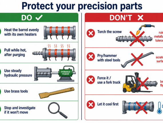 Do and don't for removing an extruder screw: heat the barrel evenly, pull hot, use steady pressure and brass tools — never torch the screw, pry with steel, force it, or let it cool first.