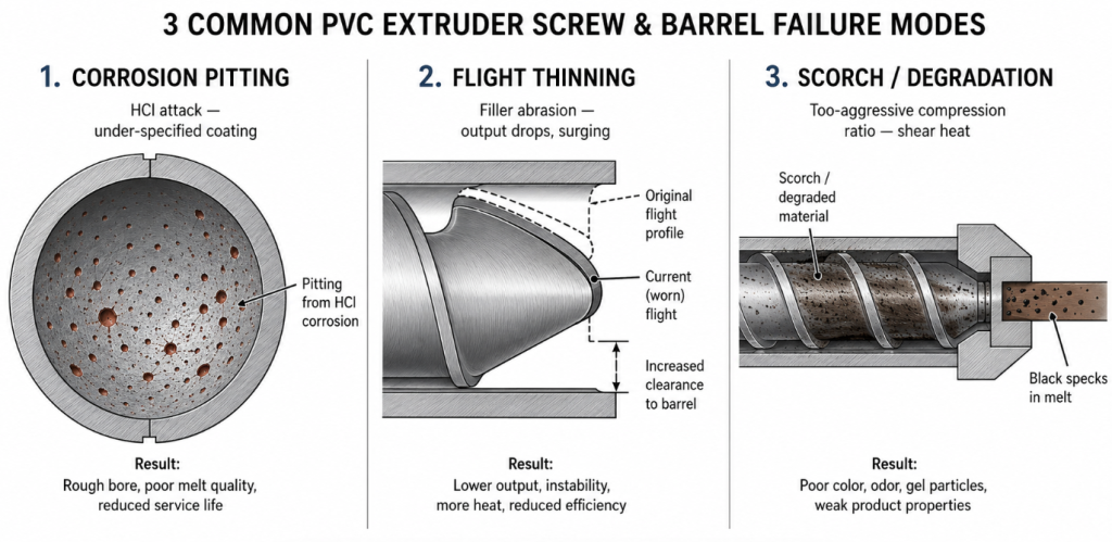 The three common PVC extruder screw and barrel failure modes: 
corrosion pitting from HCl, flight thinning from filler abrasion, 
and scorch at the die from too-aggressive compression ratio.