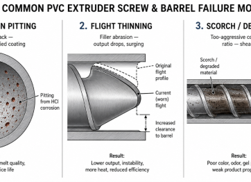 The three common PVC extruder screw and barrel failure modes: corrosion pitting from HCl, flight thinning from filler abrasion, and scorch at the die from too-aggressive compression ratio.
