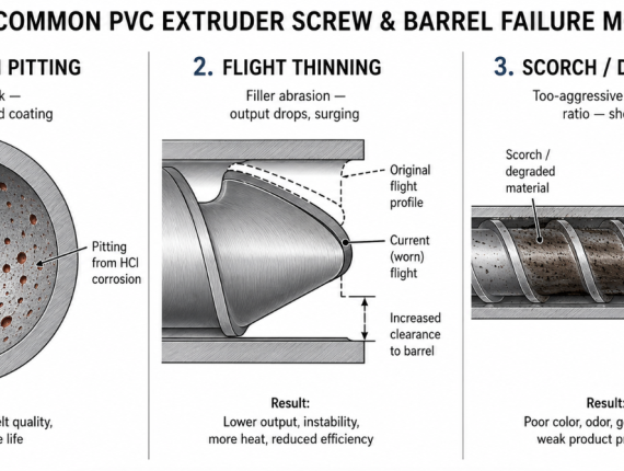 The three common PVC extruder screw and barrel failure modes: corrosion pitting from HCl, flight thinning from filler abrasion, and scorch at the die from too-aggressive compression ratio.