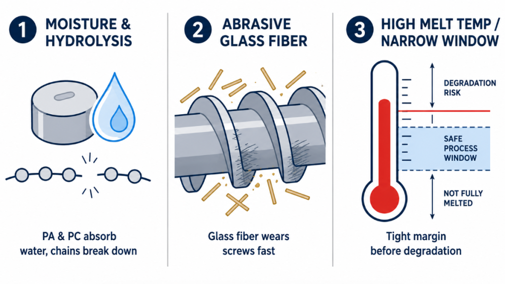 The three challenges engineering plastics pose to an extruder screw: 
moisture and hydrolysis in PA and PC, abrasive glass-fiber wear, and 
a narrow high-temperature processing window.