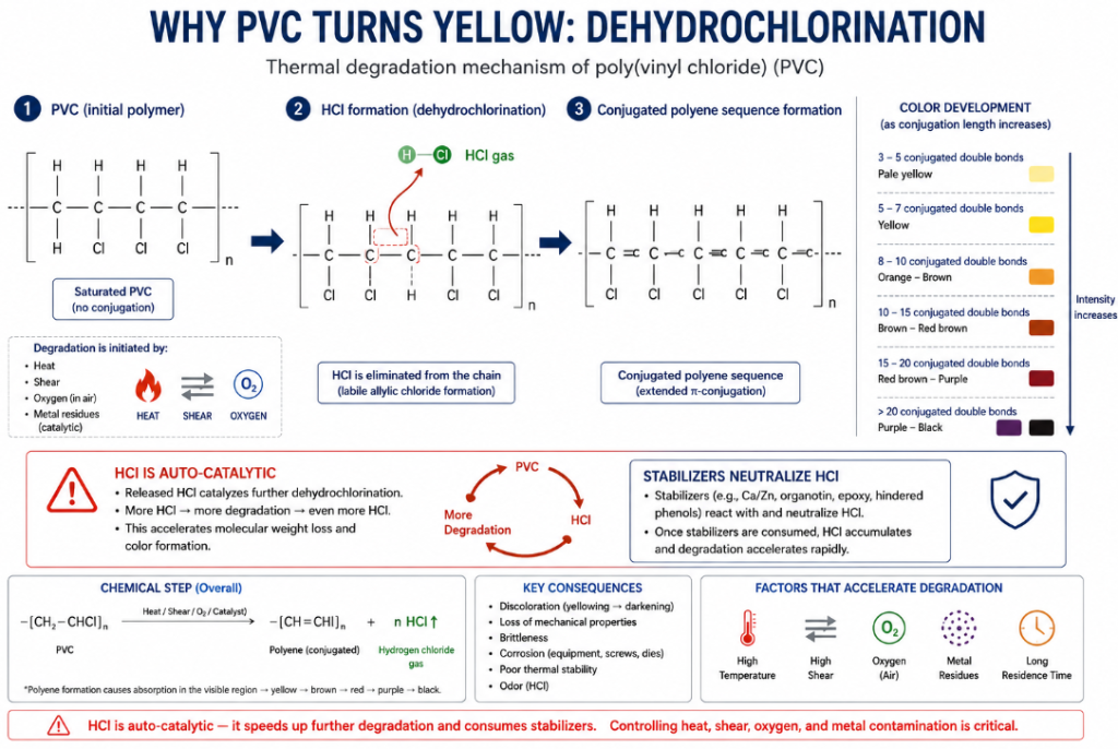 Why PVC turns yellow: heat and shear cause dehydrochlorination, shedding HCl and forming conjugated double bonds — 5-10 give yellow-brown, more give red-brown to black, and the HCl is auto-catalytic.