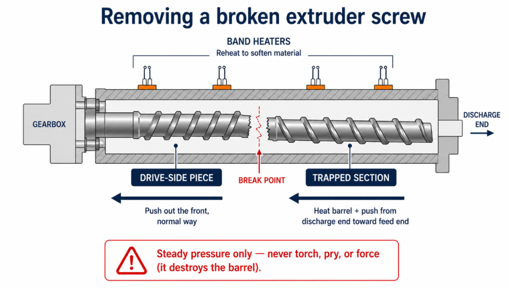 Removing a broken extruder screw: the drive-side piece pushes out the shank end normally, while the trapped section is heated and pushed from the discharge end toward the feed end — using steady pressure only to protect the barrel.