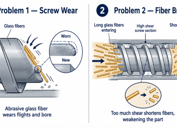 The two problems with glass-filled engineering plastics: abrasive glass fiber wearing the extruder screw, and excessive shear breaking fibers short and weakening the finished part.