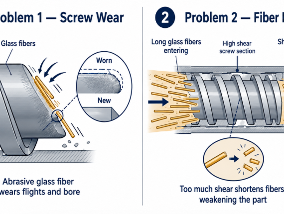 The two problems with glass-filled engineering plastics: abrasive glass fiber wearing the extruder screw, and excessive shear breaking fibers short and weakening the finished part.