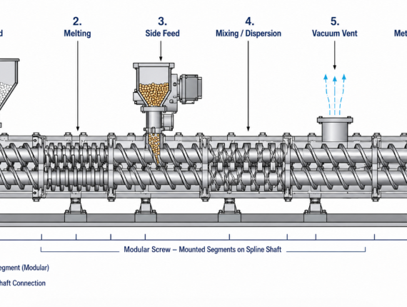 Modular co-rotating twin-screw compounding screw layout showing feed, melting kneading blocks, side feeder, mixing zone, vacuum vent, and metering zones along the barrel.