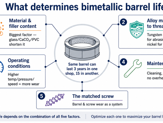 What determines bimetallic barrel lifespan: material and filler content (the biggest factor), the alloy matched to the threat, operating conditions, maintenance, and the matched screw — the same barrel can last 3 years in one shop and 15 in another.