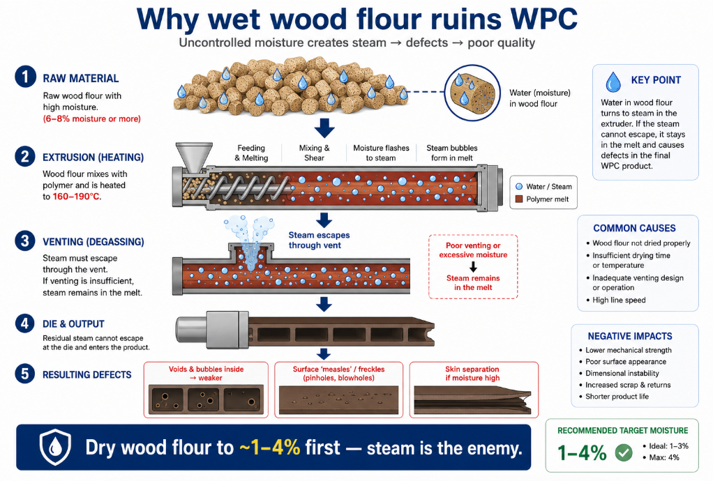Wet wood flour flashes to steam in WPC extrusion, causing bubbles, voids, surface measles, and skin separation
