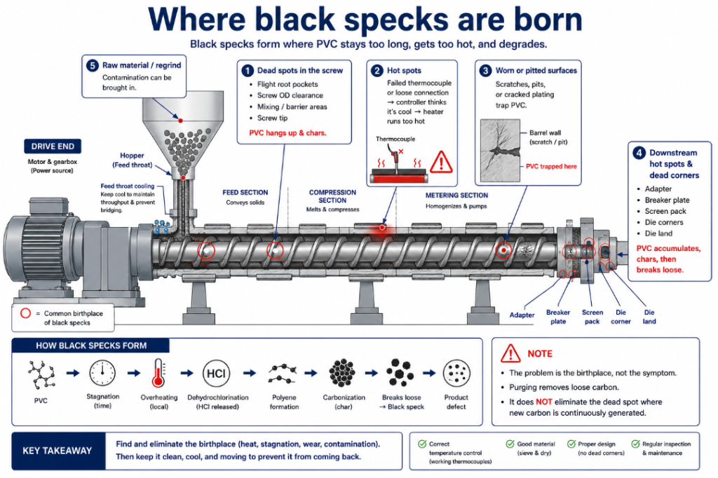 Where black specks form in a PVC extruder: dead spots behind flights, hot zones, worn or pitted surfaces, die corners, and raw material