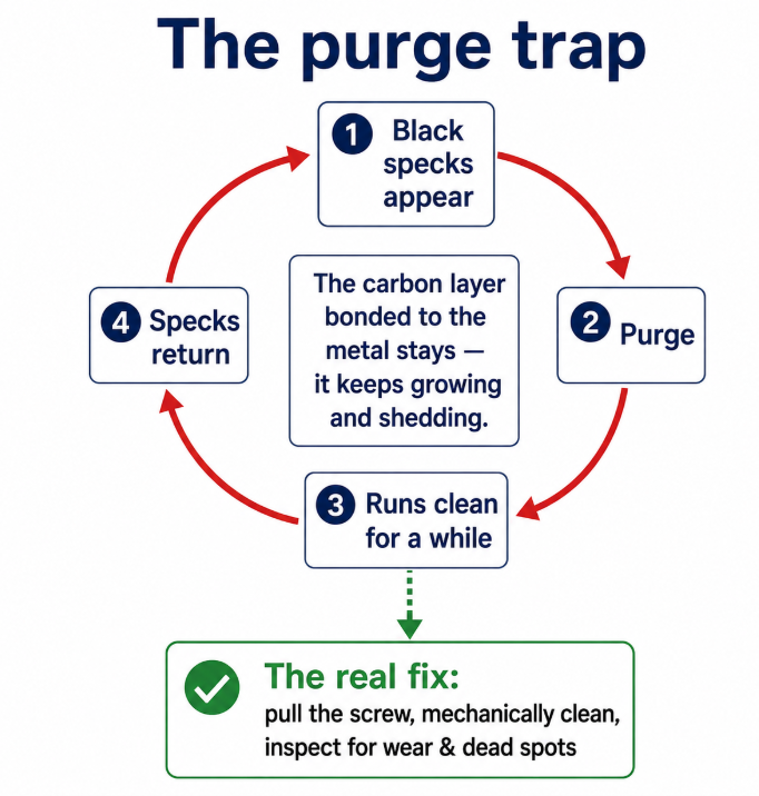 The purge trap: specks, purge, temporary relief, specks return — because the carbon layer bonded to metal stays until mechanically cleaned
