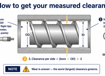 Measuring screw wear clearance: micrometer on the screw OD, bore gauge in the barrel, clearance per side equals bore minus OD over two