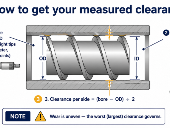 Measuring screw wear clearance: micrometer on the screw OD, bore gauge in the barrel, clearance per side equals bore minus OD over two
