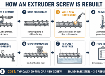 The 8 steps of extruder screw rebuilding: inspect, strip, weld new hardfacing, cool, straighten, grind to dimension, re-plate, inspect