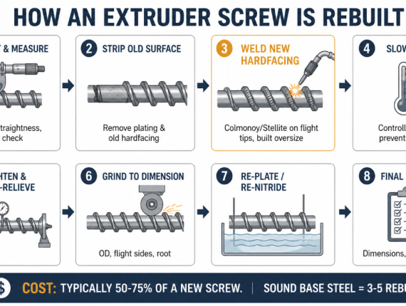 The 8 steps of extruder screw rebuilding: inspect, strip, weld new hardfacing, cool, straighten, grind to dimension, re-plate, inspect