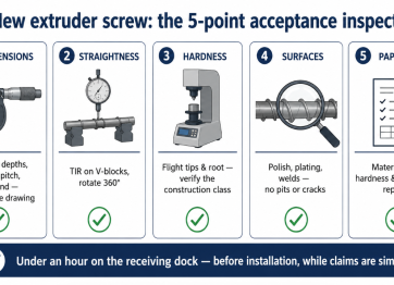 Five-point acceptance inspection for a new extruder screw: dimensions, straightness TIR, hardness, surfaces, and documentation