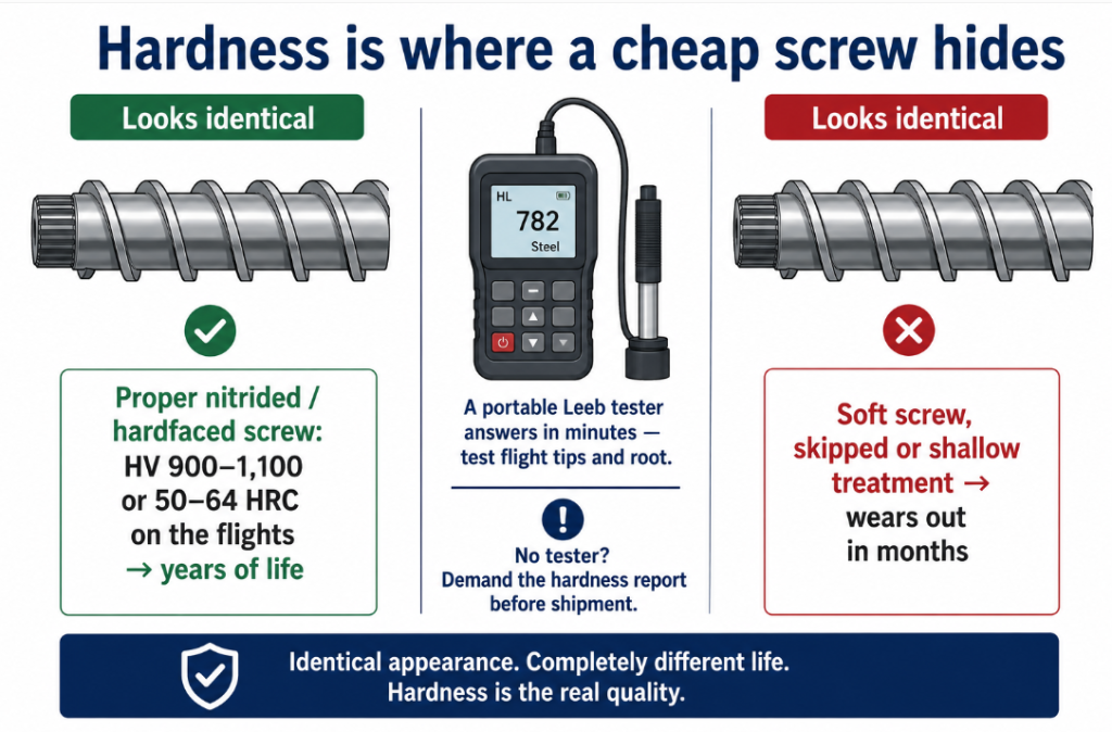 Two identical-looking screws: proper hardness means years of life, a soft screw wears out in months — test flight tips or demand the report