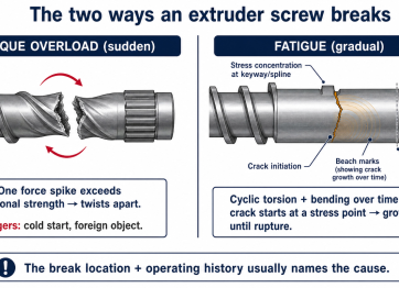 Two ways an extruder screw breaks: torque overload twists it apart suddenly, or cyclic fatigue cracks it at a stress point over time