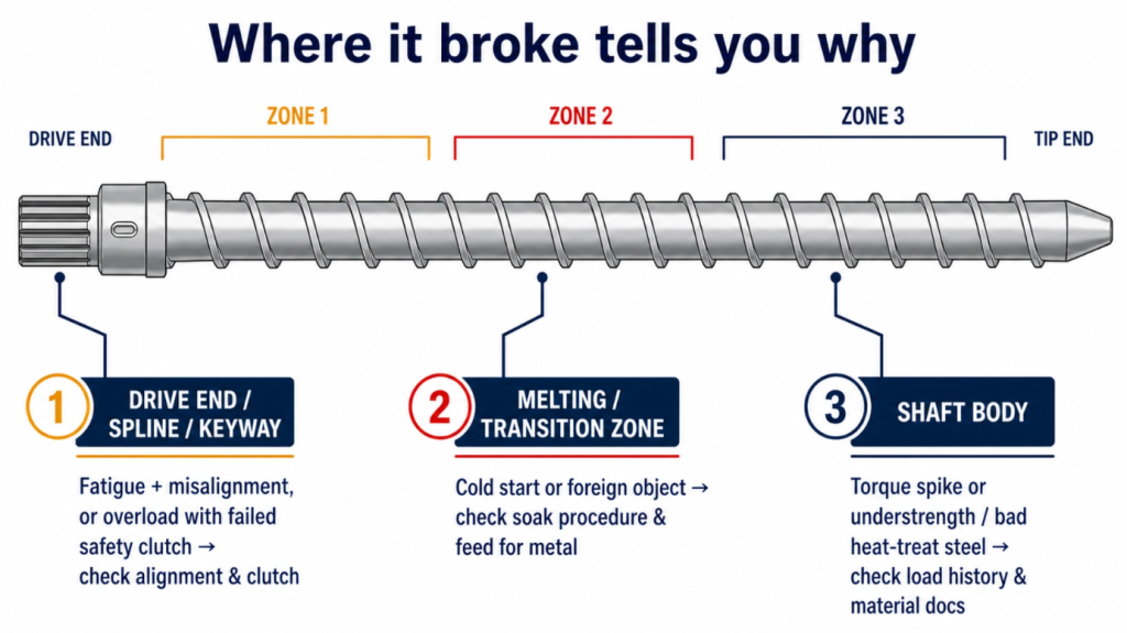 Where an extruder screw breaks reveals the cause: drive end means fatigue or misalignment, melting zone means cold start or foreign object