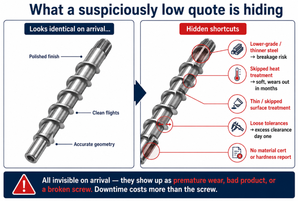 A suspiciously low screw quote usually hides cheaper steel, skipped heat treatment, thin surface treatment, or no documentation