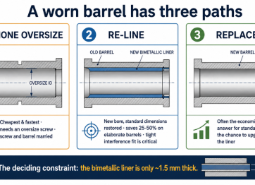 Three paths for a worn extruder barrel: hone oversize with a matched screw, re-line with a new bimetallic sleeve, or replace